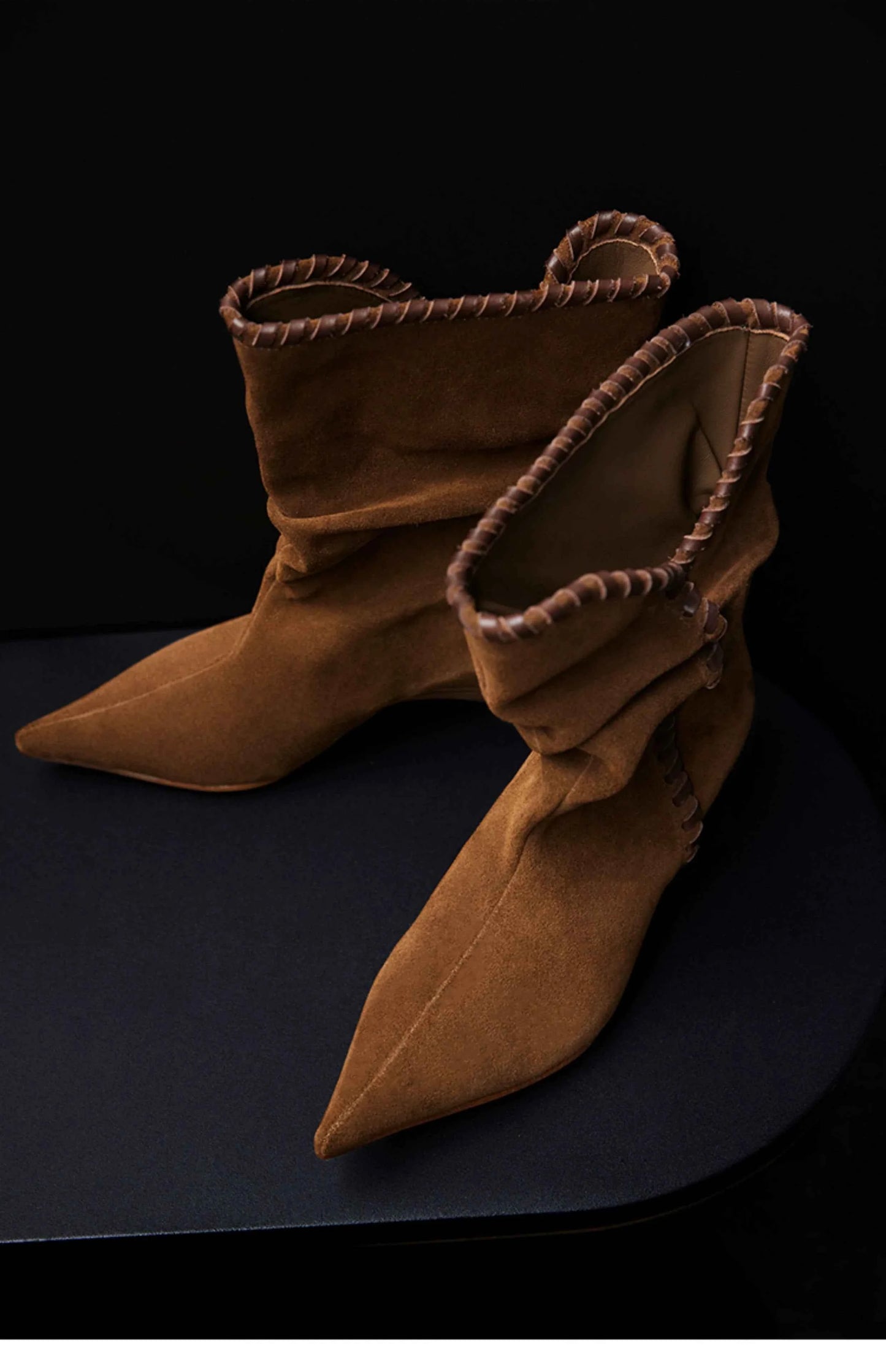 Brown Suede Slouchy Pointed-Toe Boots with Whipstitch Trim