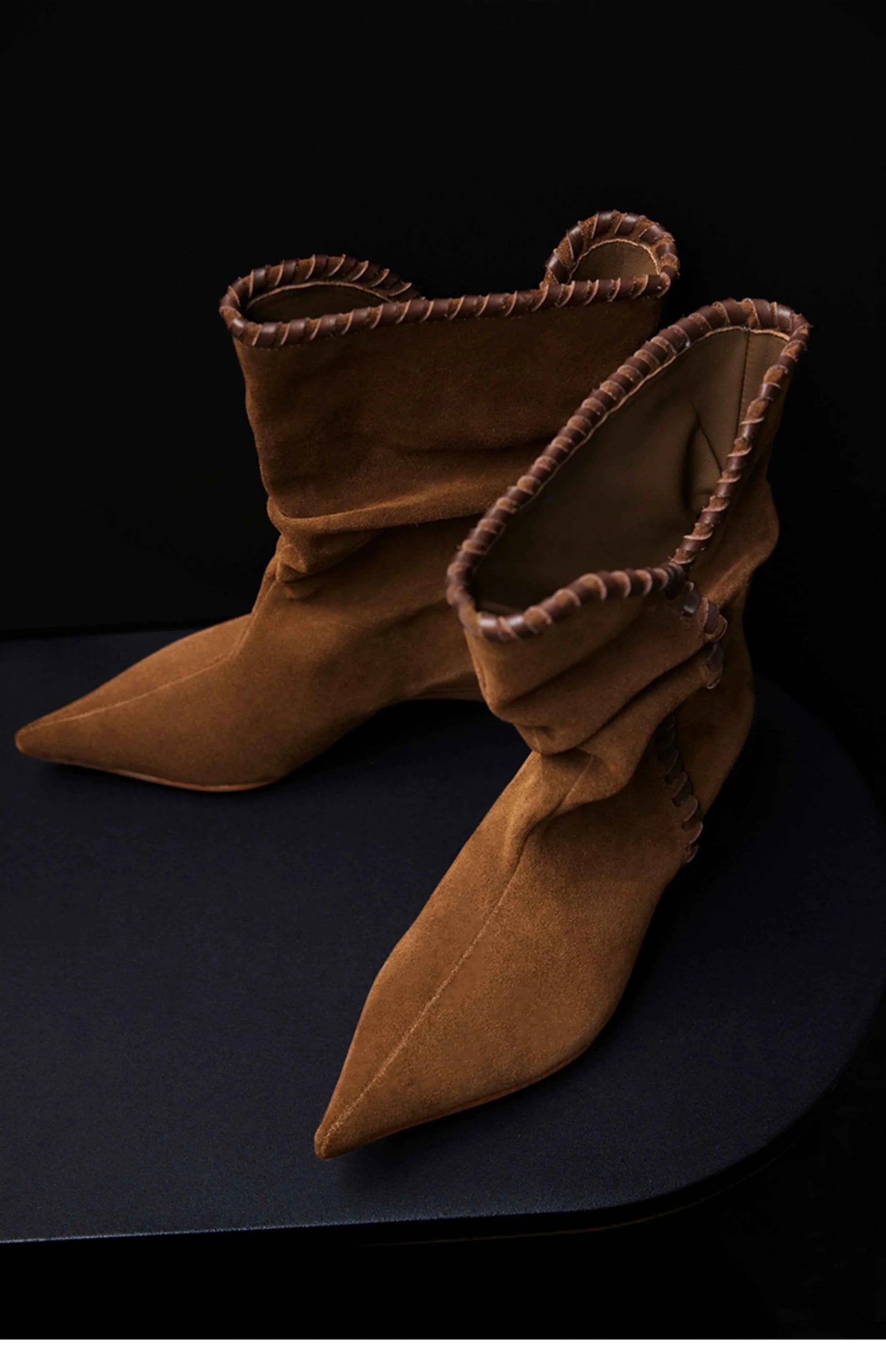 Brown Suede Slouchy Pointed-Toe Boots with Whipstitch Trim