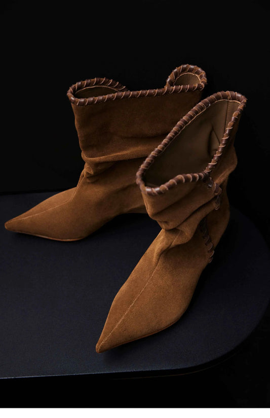 Brown Suede Slouchy Pointed-Toe Boots with Whipstitch Trim