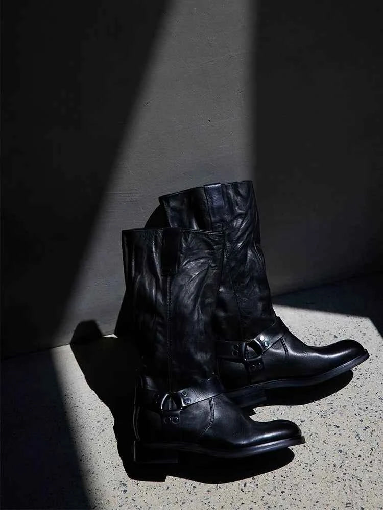 Black Leather Harness Biker Boots