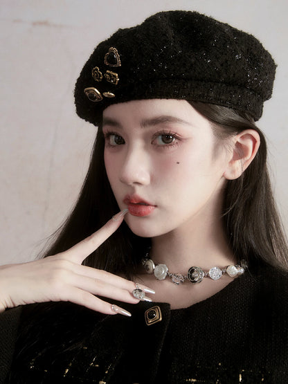 Black Wool Beret with Pin Accessories - Wolvess