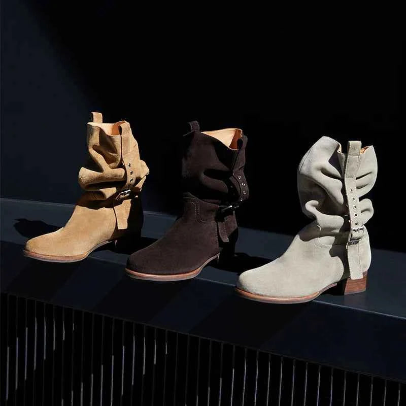 Suede Slouchy Buckle Ankle Boots