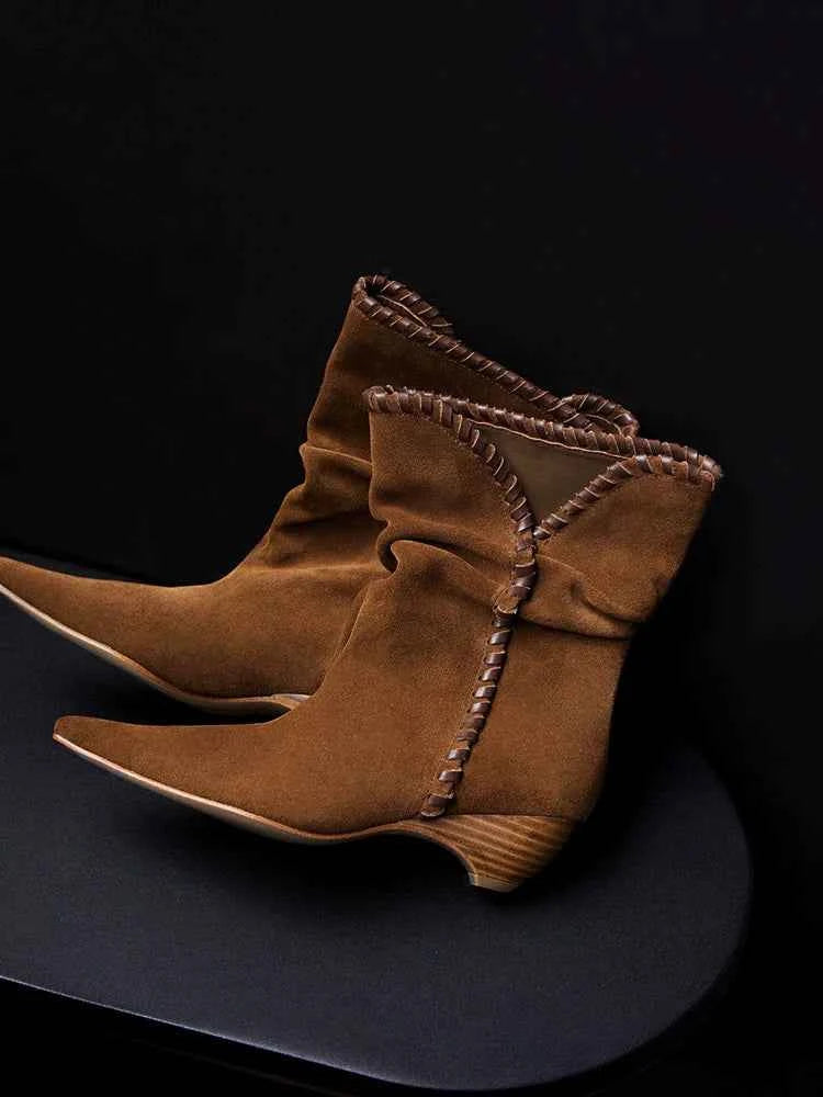 Brown Suede Slouchy Pointed-Toe Boots with Whipstitch Trim
