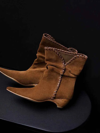 Brown Suede Slouchy Pointed-Toe Boots with Whipstitch Trim