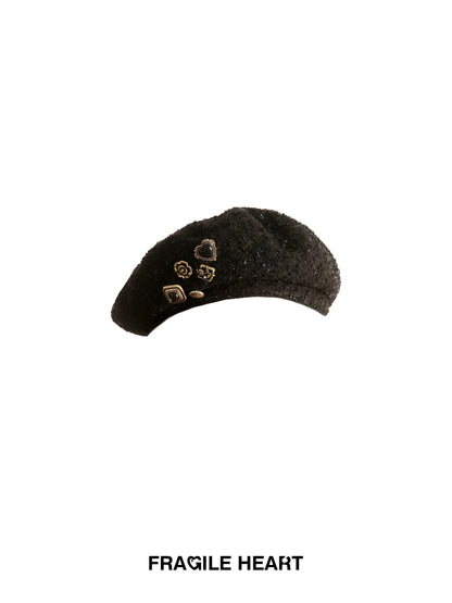 Black Wool Beret with Pin Accessories - Wolvess