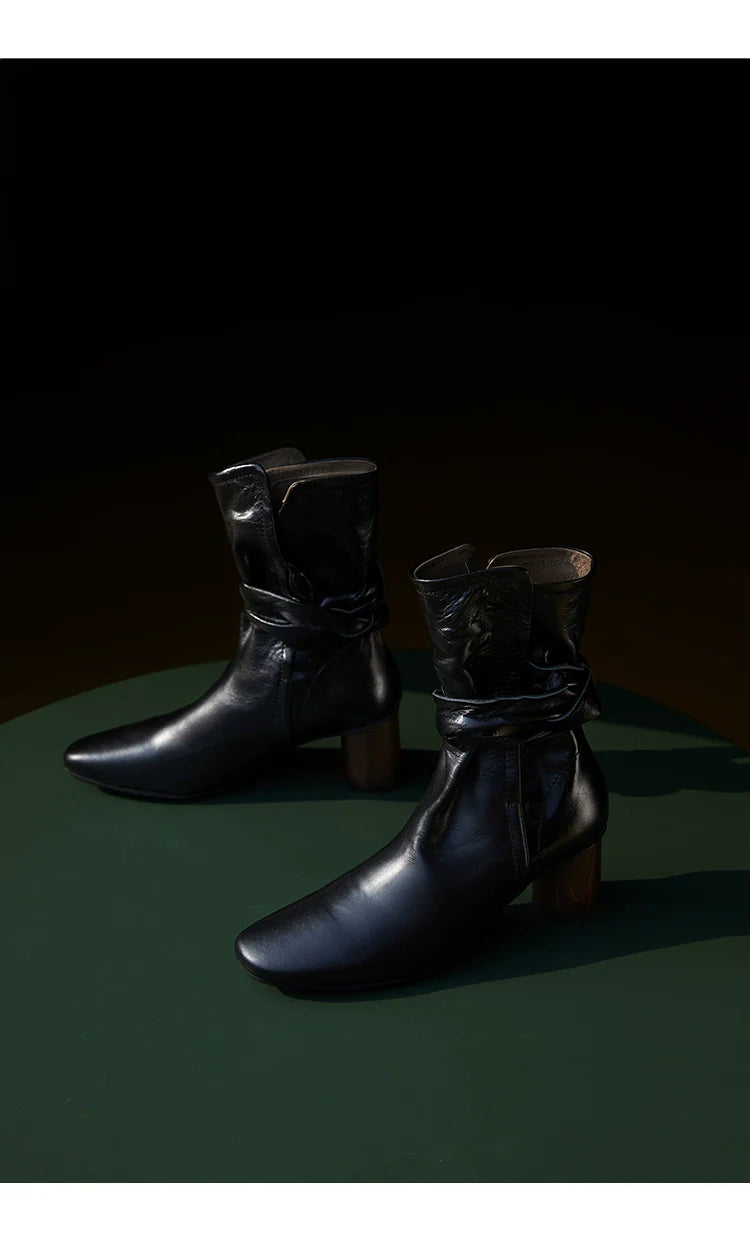 Leather Ankle Boots with Block Heel - Wolvess