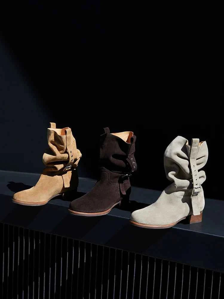 Suede Slouchy Buckle Ankle Boots
