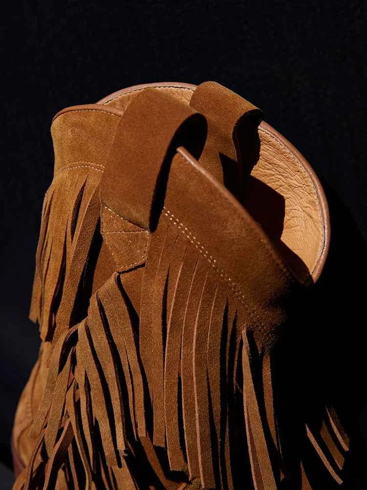 Cowboy Boot with Fringe Detailing and a Brown Stacked Heel