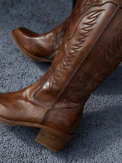 Brown Leather Western Cowboy Boots with Embroidered Detailing