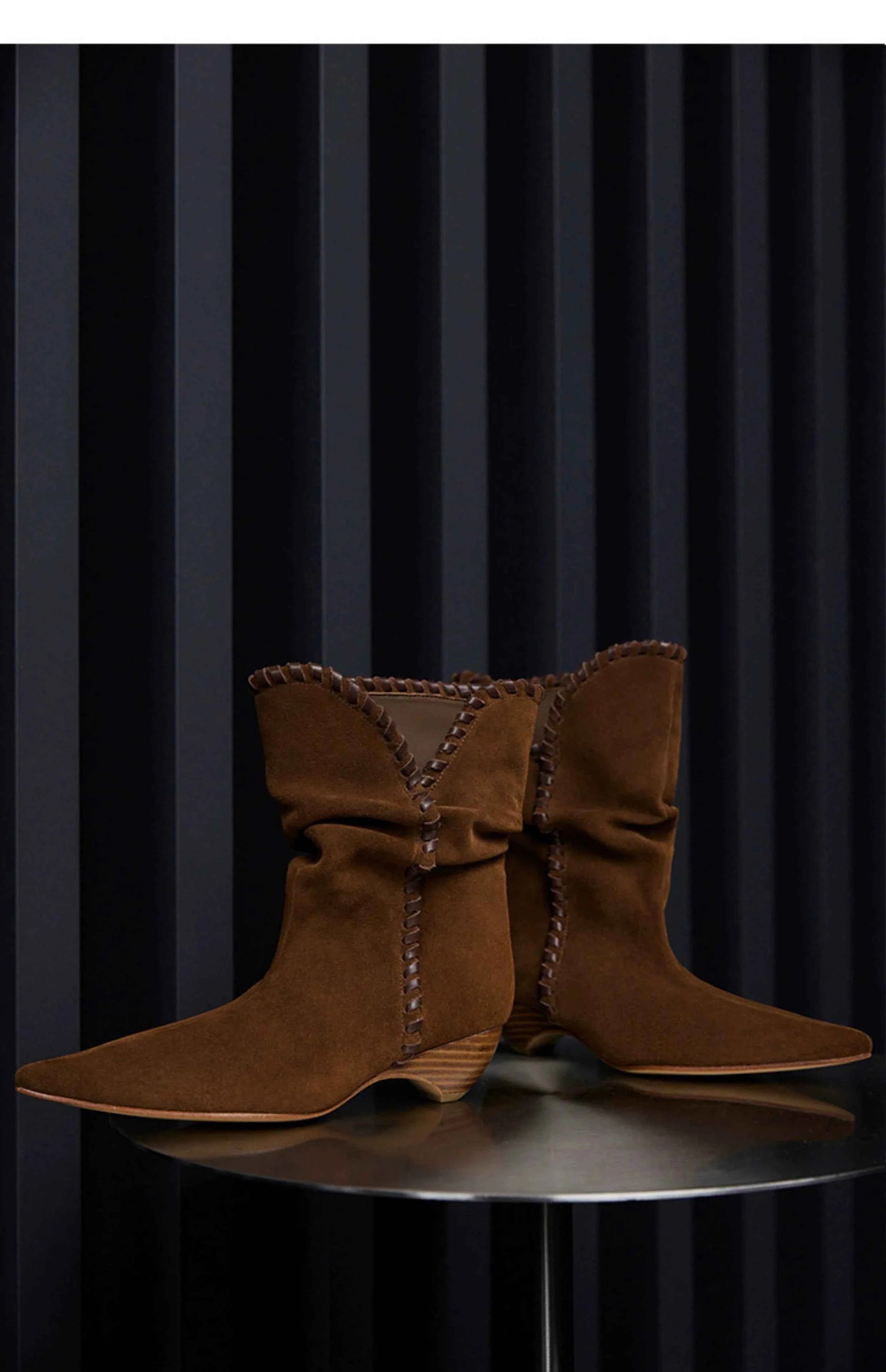 Brown Suede Slouchy Pointed-Toe Boots with Whipstitch Trim