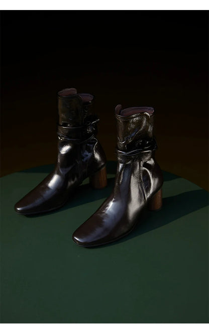 Leather Ankle Boots with Block Heel - Wolvess