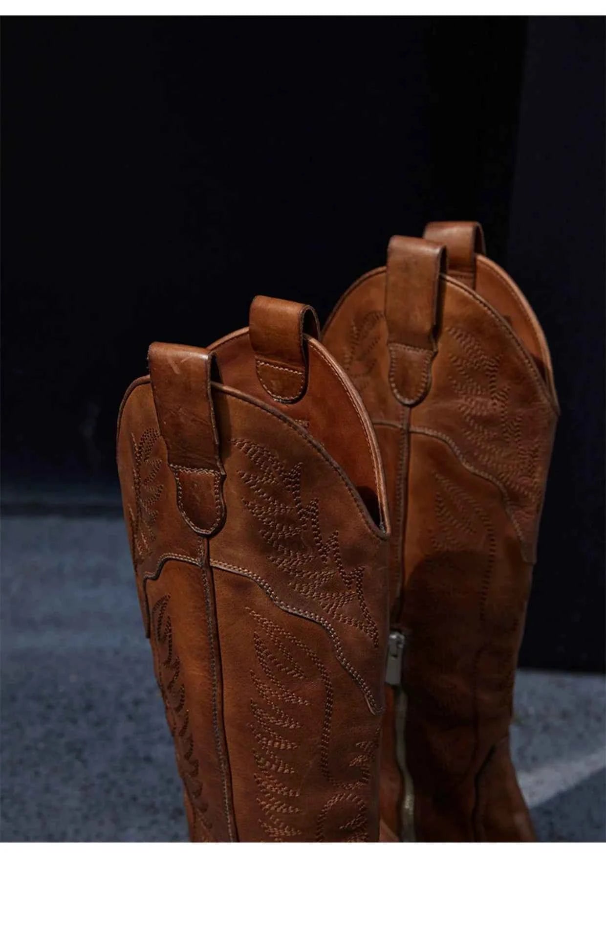 Brown Leather Western Cowboy Boots with Embroidered Detailing