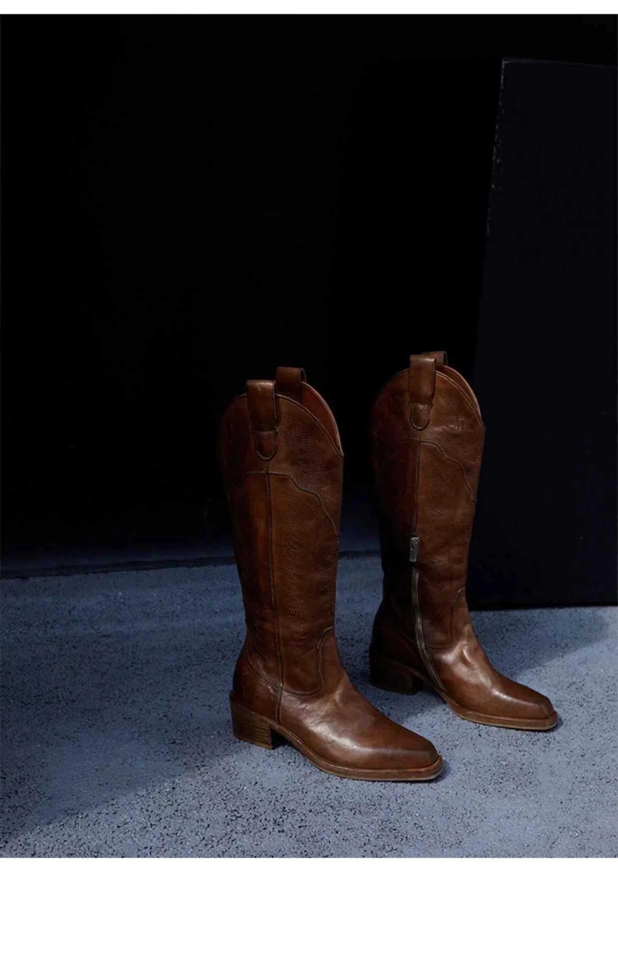 Brown Leather Western Cowboy Boots with Embroidered Detailing