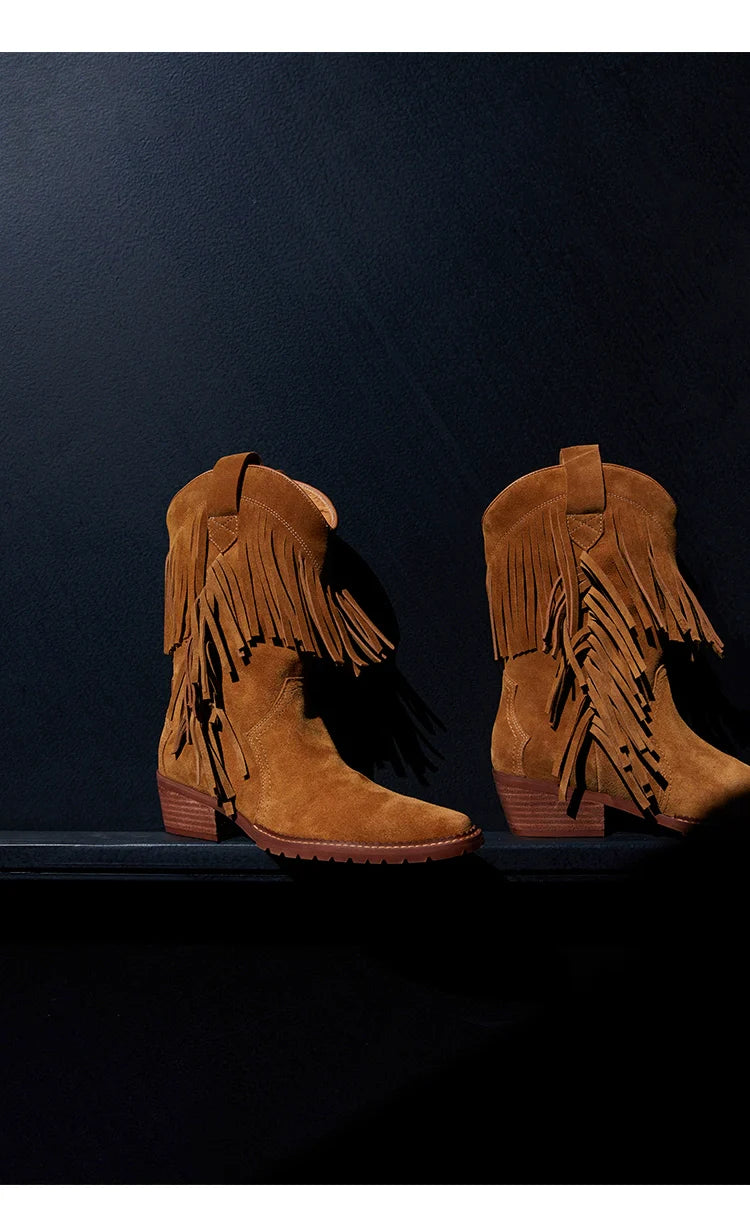 Cowboy Boot with Fringe Detailing and a Brown Stacked Heel - Wolvess