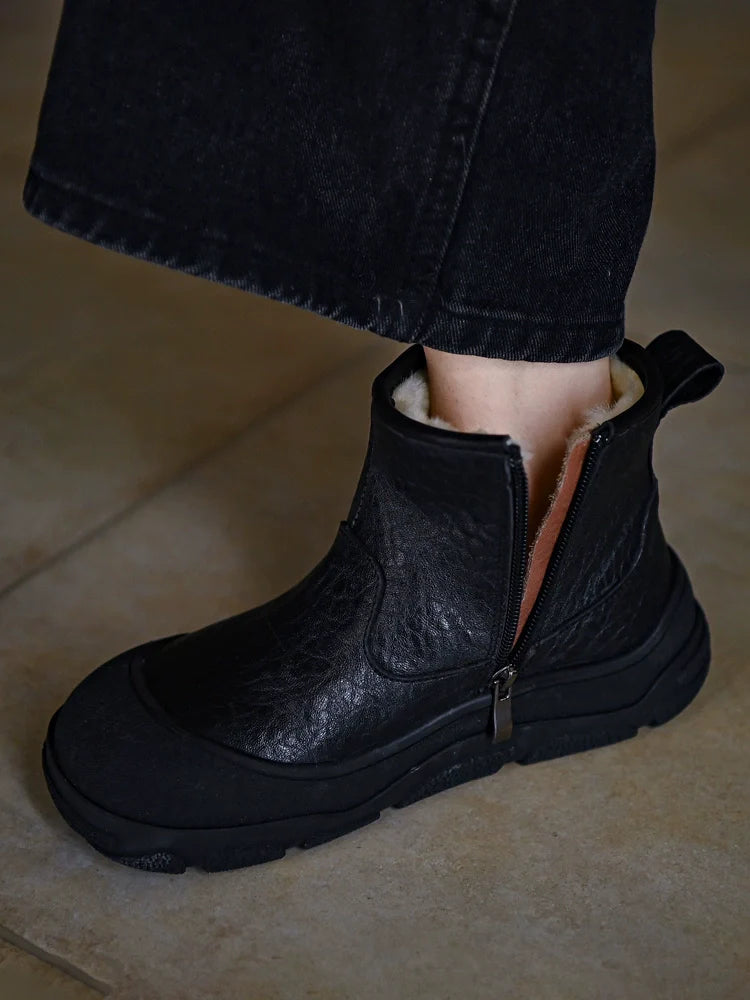 Black Shearling-Lined Winter Boot with Zipper - Wolvess