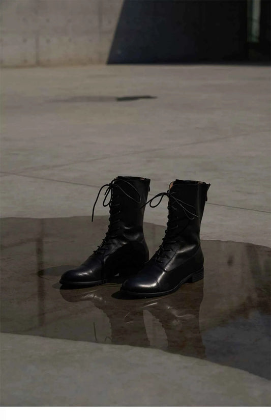 Black Leather Lace-Up Combat Boots