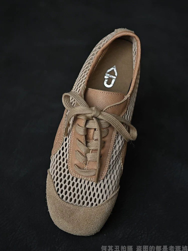 Beige Mesh Suede Lace-Up Sneakers - Wolvess