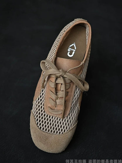 Beige Mesh Suede Lace-Up Sneakers - Wolvess