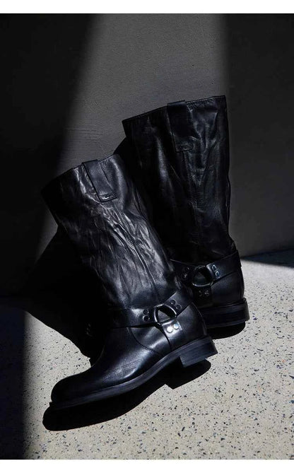 Black Leather Harness Biker Boots
