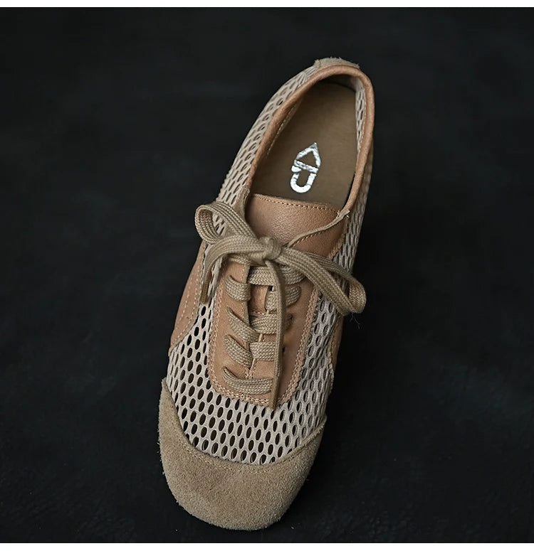 Beige Mesh Suede Lace-Up Sneakers - Wolvess