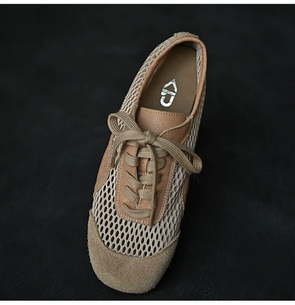 Beige Mesh Suede Lace-Up Sneakers - Wolvess