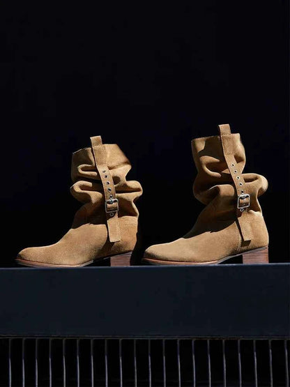 Suede Slouchy Buckle Ankle Boots