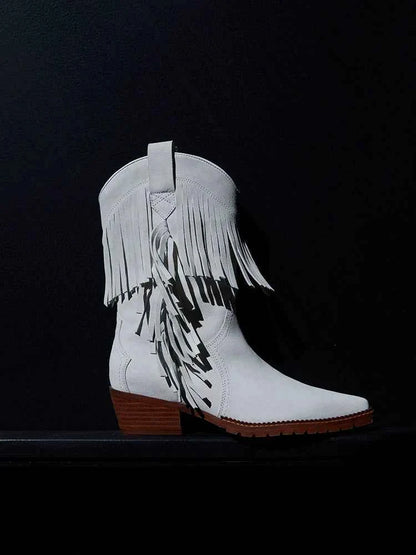 Cowboy Boot with Fringe Detailing and a Brown Stacked Heel