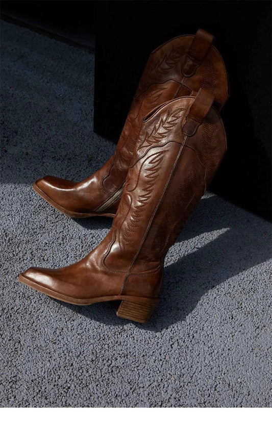 Brown Leather Western Cowboy Boots with Embroidered Detailing