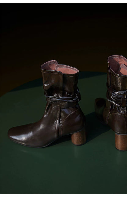 Leather Ankle Boots with Block Heel - Wolvess