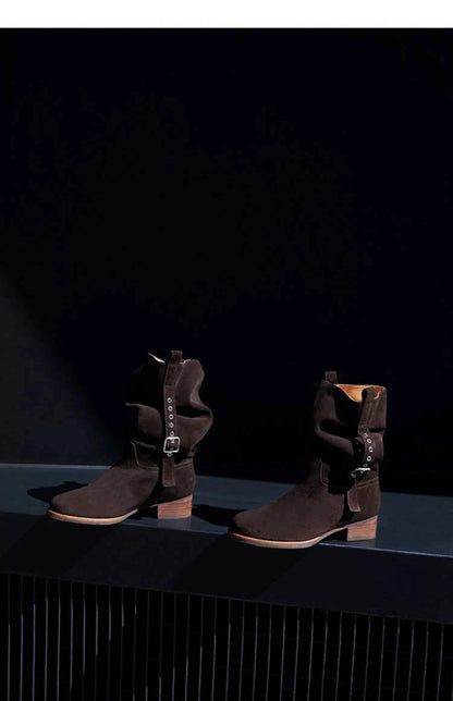 Suede Slouchy Buckle Ankle Boots
