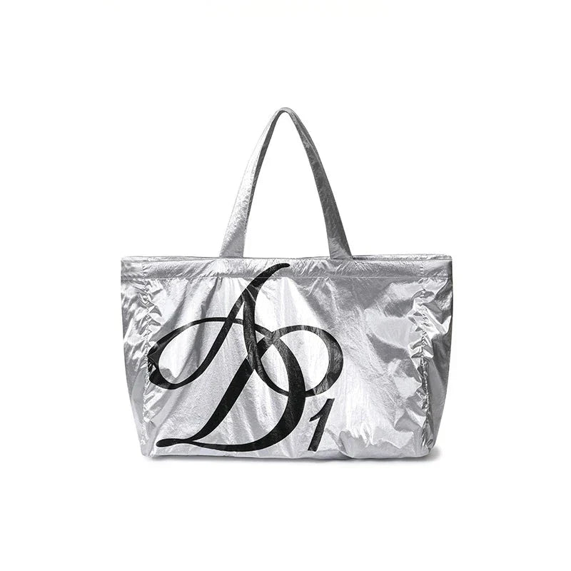 Metallic Silver Oversized Tote Bag: Large Capacity Shopper with Bold Logo Print - Wolvess