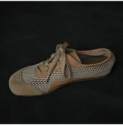 Beige Mesh Suede Lace-Up Sneakers - Wolvess