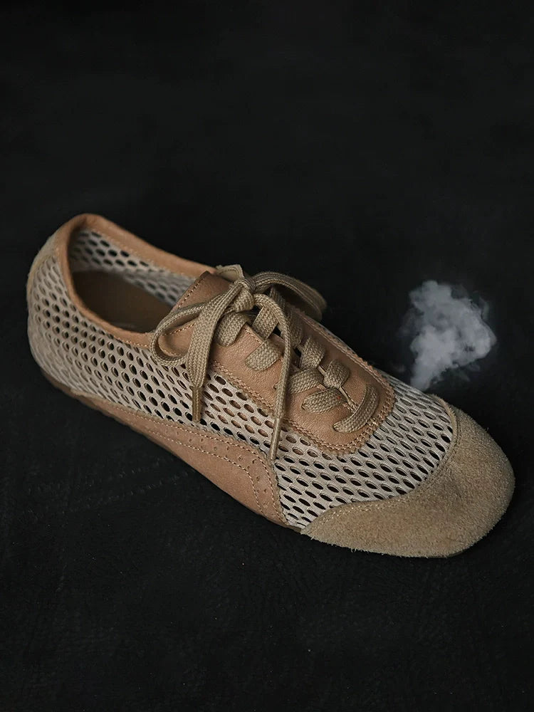 Beige Mesh Suede Lace-Up Sneakers - Wolvess