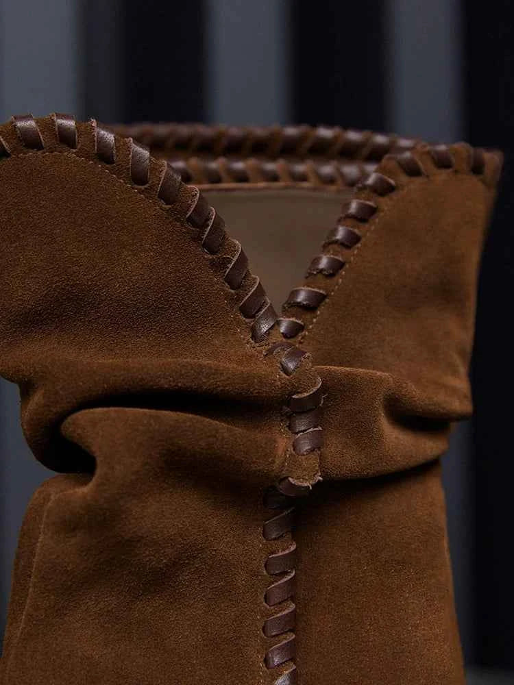 Brown Suede Slouchy Pointed-Toe Boots with Whipstitch Trim