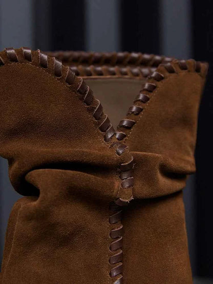 Brown Suede Slouchy Pointed-Toe Boots with Whipstitch Trim