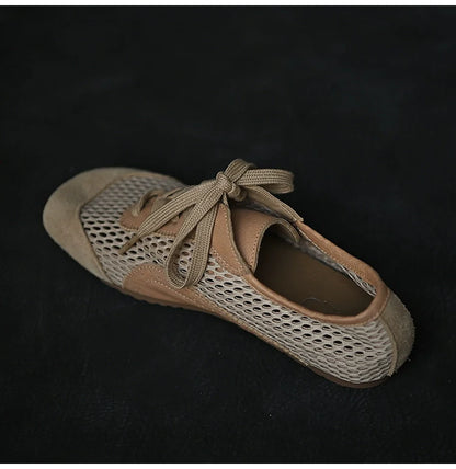 Beige Mesh Suede Lace-Up Sneakers - Wolvess