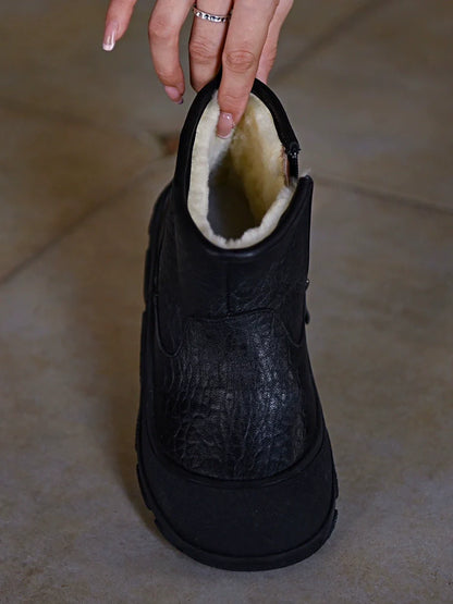 Black Shearling-Lined Winter Boot with Zipper - Wolvess