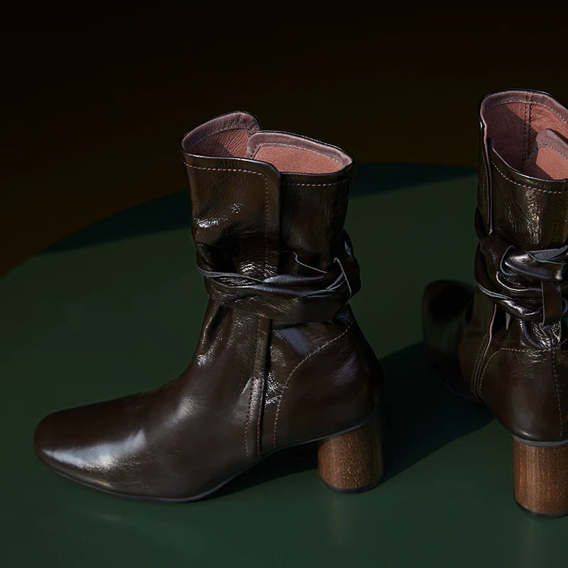 Leather Ankle Boots with Block Heel - Wolvess