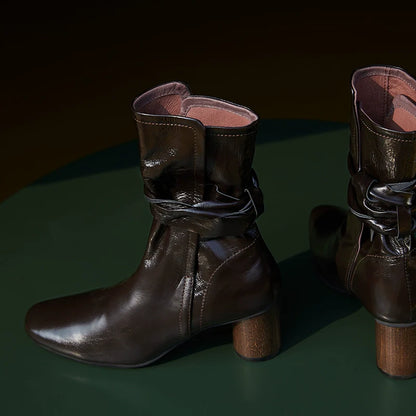 Leather Ankle Boots with Block Heel - Wolvess