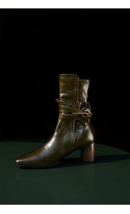 Leather Ankle Boots with Block Heel - Wolvess