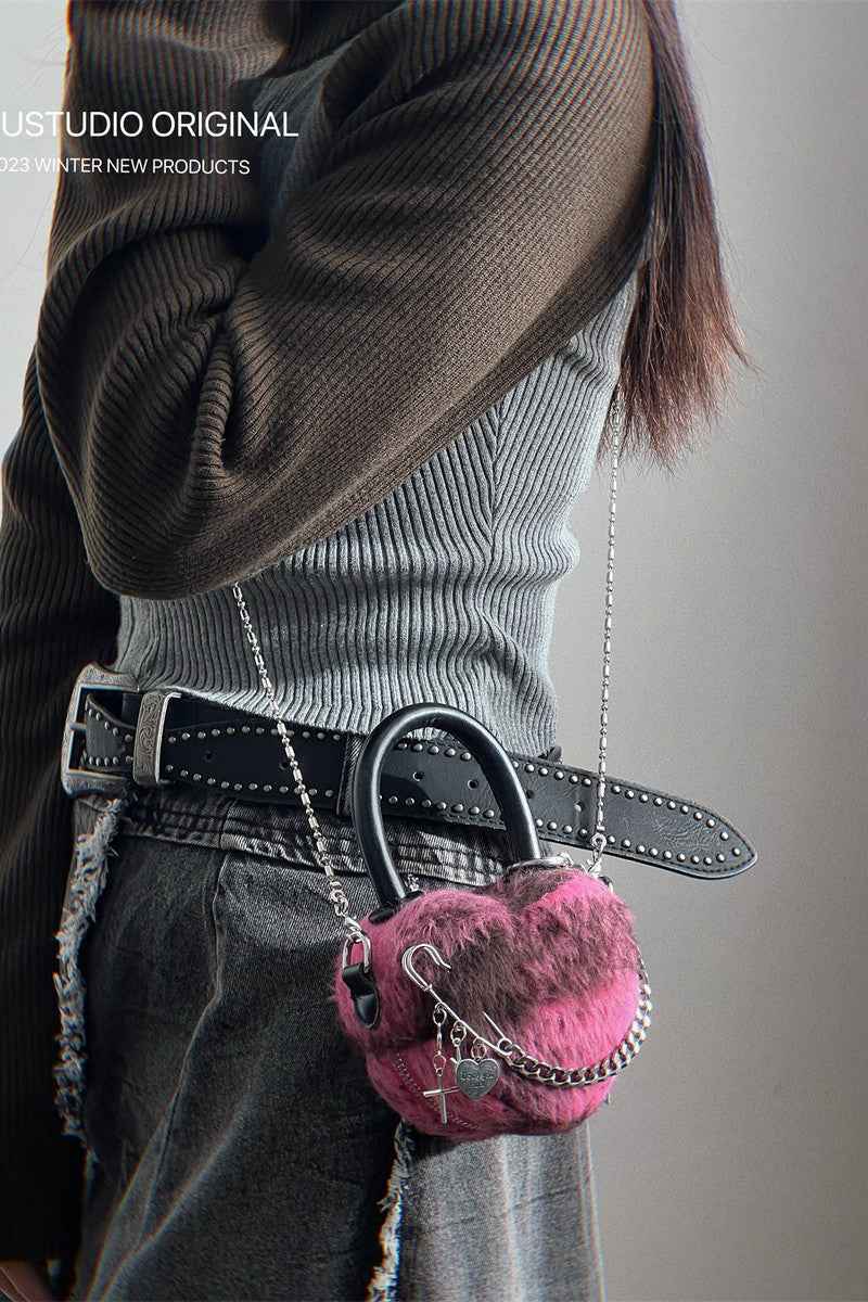 Pink Fuzzy Heart Mini Bag