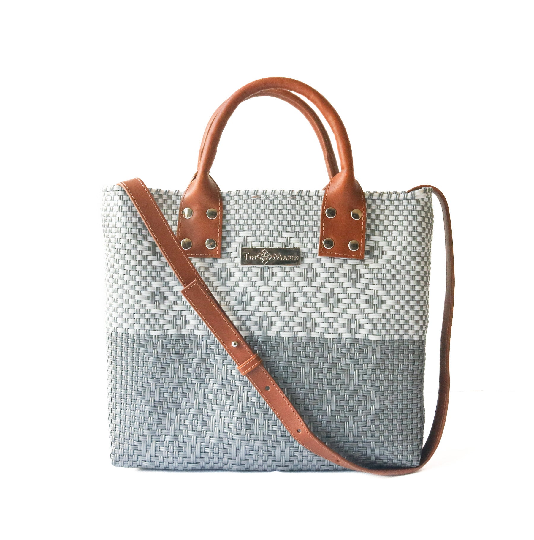 Tin Marin Grey Large Woven Crossbody Bag - Tan Leather Tin Marin Brand