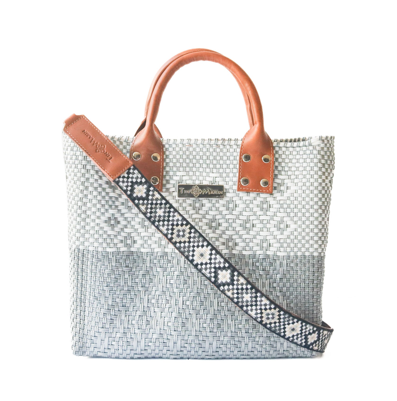 Tin Marin Grey Large Woven Crossbody Bag - Tan Leather Tin Marin Brand