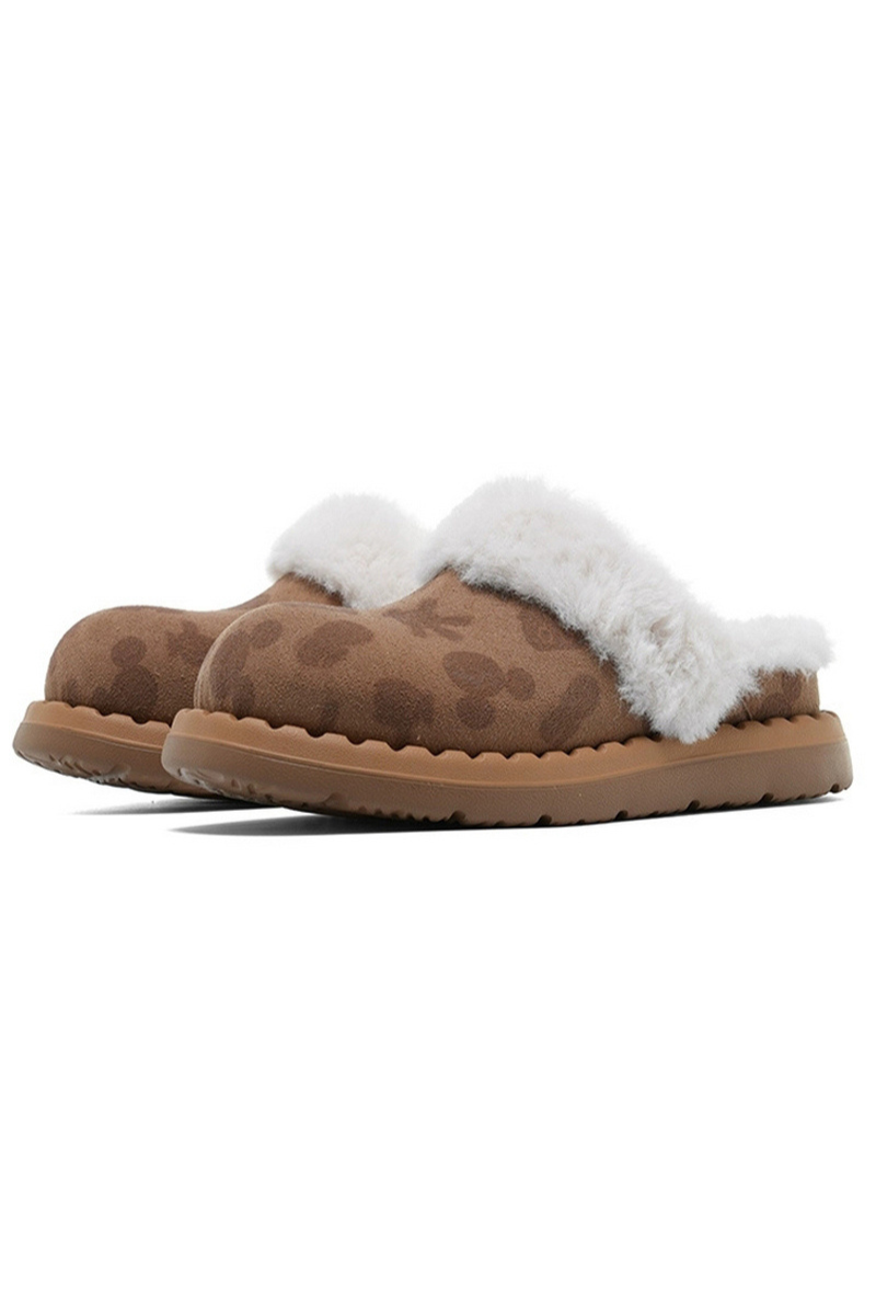 Mickey Pattern Fuzzy Slippers Brown - Wolvess