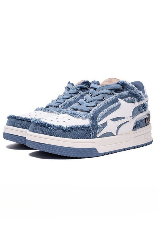 Distressed Denim Court Sneakers - Wolvess