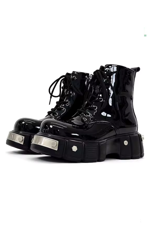 Patent Leather Platform Combat Boots - Wolvess
