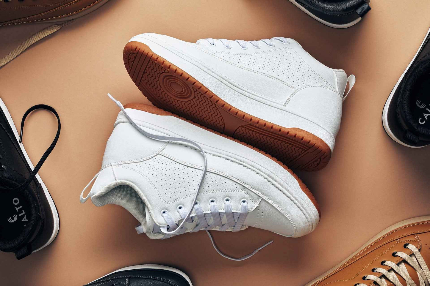 CALTO - Q272  - 2 Inches Taller (White & Gum Sole) -Elevated Leatherette Micro-Perforated Sneakers Tallmenshoes.com