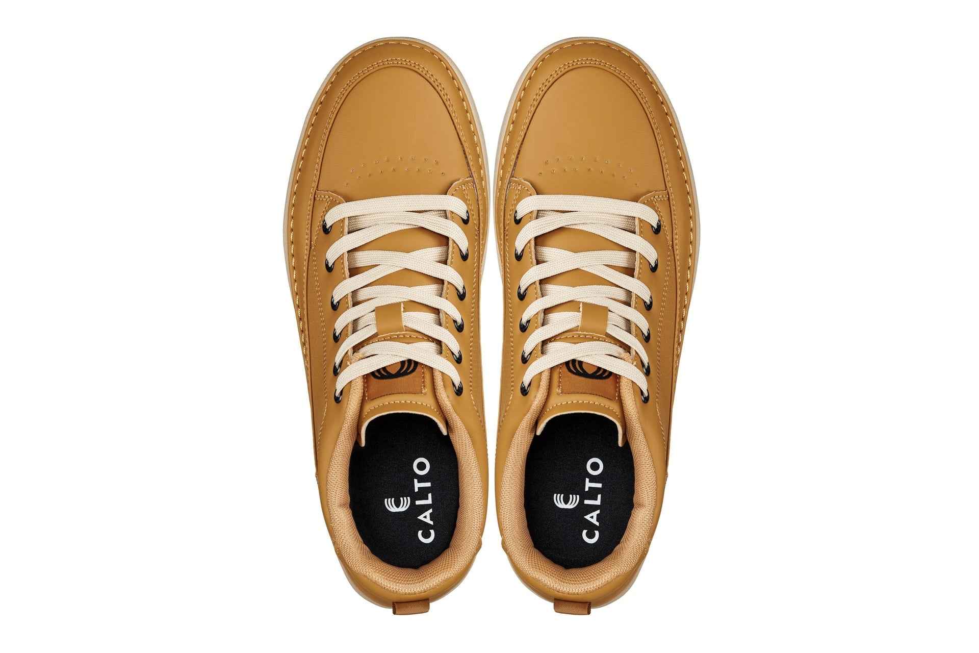 CALTO - Q274  - 2 Inches Taller (Camel Brown & Gum Sole) - Elevated Leatherette Micro-Perforated Sneakers Tallmenshoes.com