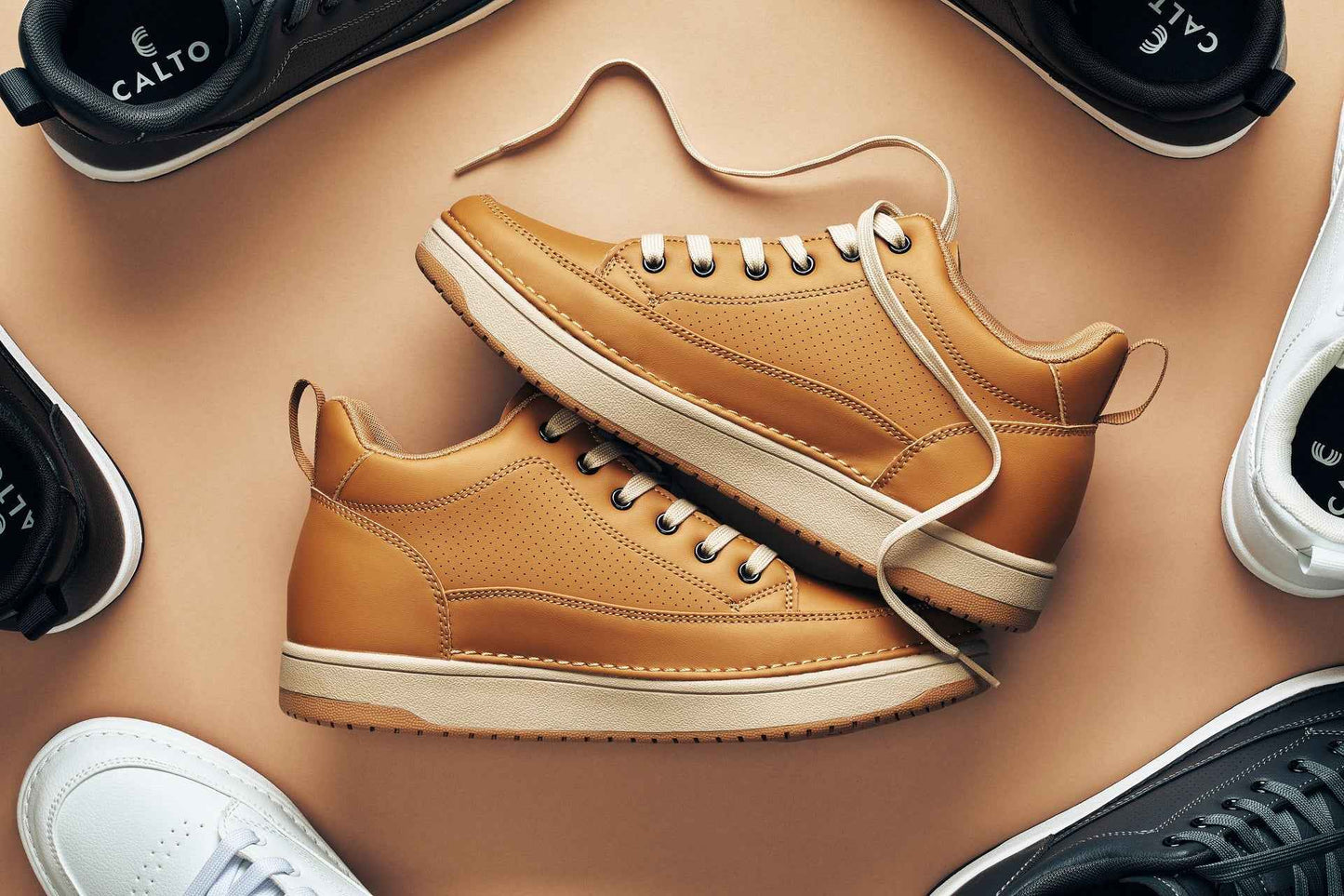 CALTO - Q274  - 2 Inches Taller (Camel Brown & Gum Sole) - Elevated Leatherette Micro-Perforated Sneakers Tallmenshoes.com