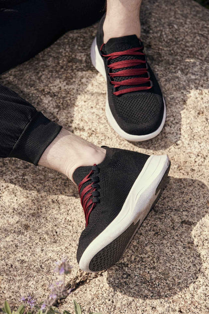 CALTO - QA064 - 2.4 Inches Taller (Black/Red/White Sole) - Lightweight Knitted Sneakers Tallmenshoes.com